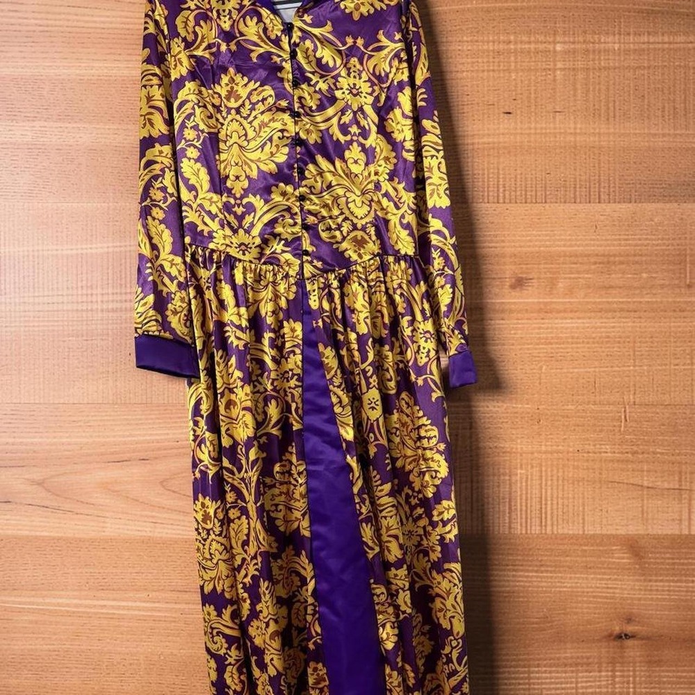 Women's 2XL Purple Gold Baroque Satin Corset Back Dress Renaissance Midi Maxi